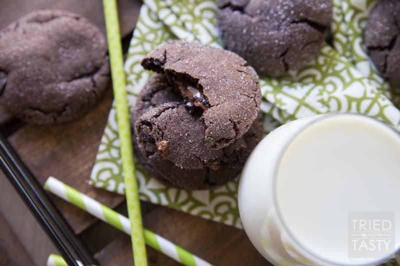 Rolo Cookies // These chocolaty cookies have the best surprise center: a warm ooey, gooey melty Rolo candy! They are most delicious warm out of the oven, but still tasty after they've cooled and even the next day! Perfect little cookie when you want a special treat! | Tried and Tasty