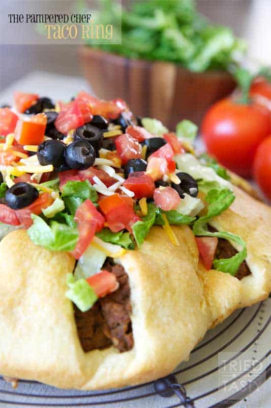 The Pampered Chef Taco Ring // When I was first introduced to Pampered Chef I was invited to a party with my mom. They served this Taco Ring and I fell in love immediately. I've been making this Taco Ring for years and years since and haven't met anyone that doesn't love it as much as I do! | Tried and Tasty