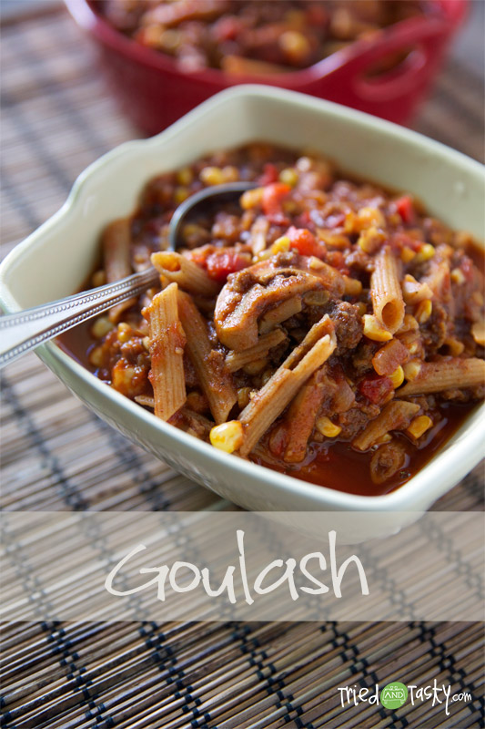 Goulash // This Goulash is an 'everything-but-the-kitchen-sink' kind of meal and it's delicious! Most all the ingredients are pantry staples and you've probably got them on hand! | Tried and Tasty