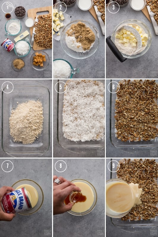 Collage of step-by-step photos on how to make chocolate caramel bars