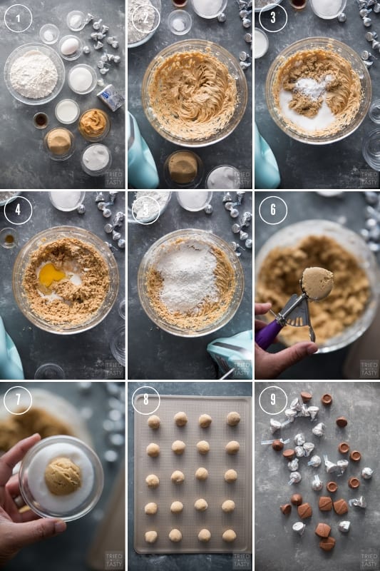 Step-by-step photos of how to make peanut butter blossoms