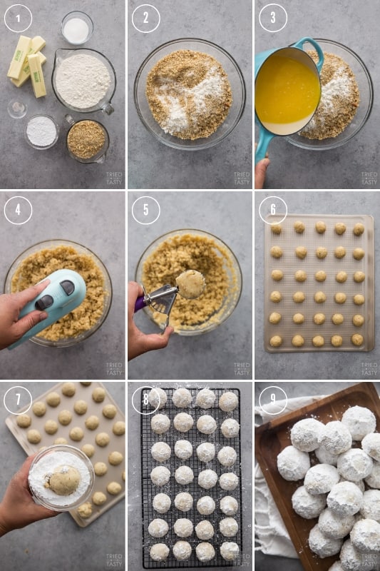 Collage of step-by-step photos of how to make nut butterball cookies