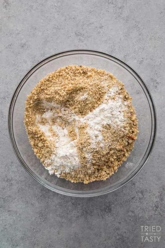 Bowl of flour, brown sugar, sugar & salt on a counter