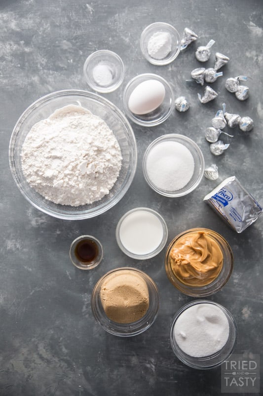 Ingredients on a counter used to make peanut butter blossoms
