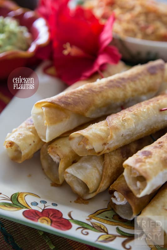 Chicken Flautas // These are pretty popular on the menu of Mexican restaurants everywhere. Now you can make them at home. They are absolutely delicious, and with the help of rotisserie chicken they are pretty easy too! | Tried and Tasty