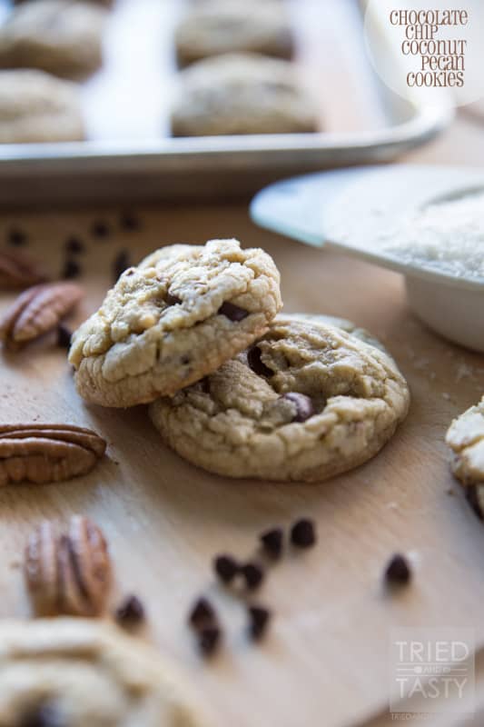 Chocolate Chip Coconut Pecan Cookies // Traditional chocolate chip cookies can be predictable and boring. With the addition of coconut and pecan, these chocolate chip cookies are extra delightful. Whip up a batch of these to satisfy your next sweet tooth! | Tried and Tasty