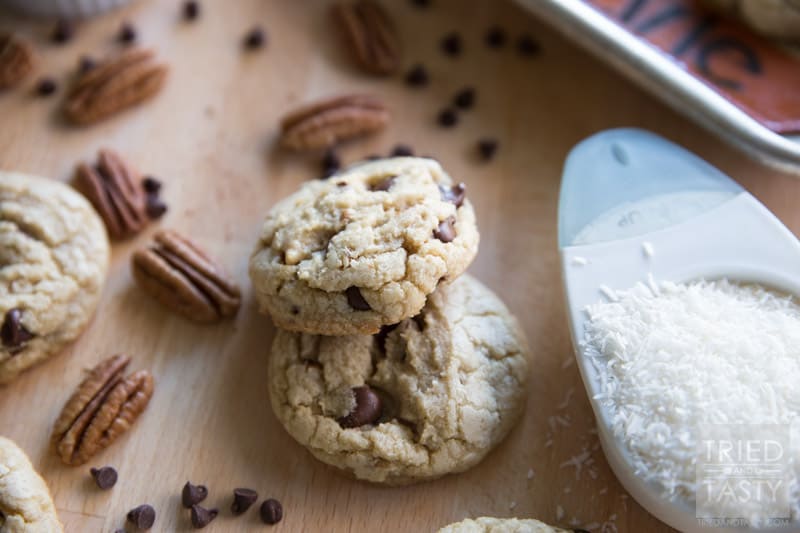 Chocolate Chip Coconut Pecan Cookies // Traditional chocolate chip cookies can be predictable and boring. With the addition of coconut and pecan, these chocolate chip cookies are extra delightful. Whip up a batch of these to satisfy your next sweet tooth! | Tried and Tasty