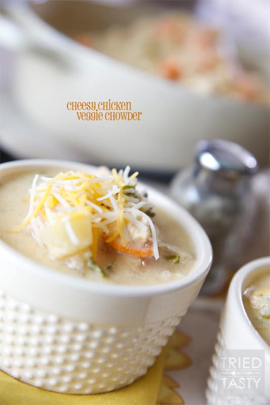 Cheesy  Chicken Veggie Chowder // A great crock pot meal that will have your home smelling wonderful in no time. | Tried and Tasty
