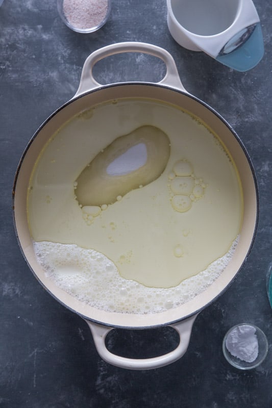 Milk, sugar & oil in a cast iron pot