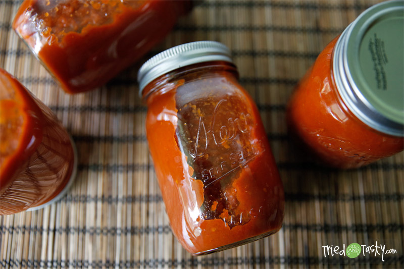 Spaghetti Tomato Pizza Sauce // I love a good sauce that serves more than one purpose! This sauce is awesome on your spaghetti, works great in any recipe that calls for tomato sauce (adding extra flavor) and is the BEST base for any homemade pizza! Trust me, you'll want to add this to your list of canning goods this season! | TriedandTasty