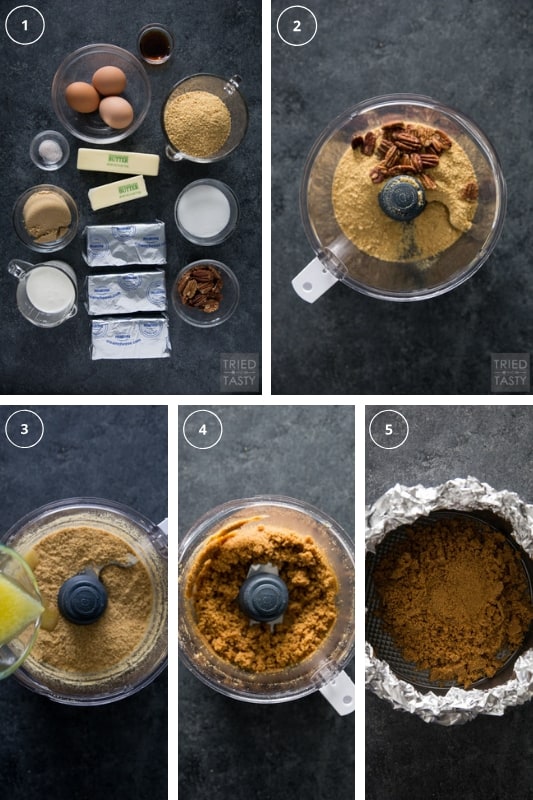 Step-by-step collage of how to make pecan pie cheesecake