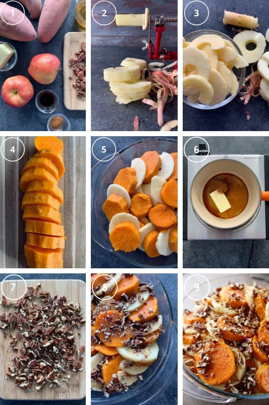 Collage of images showing step-by-step instruction of making sweet potato & apple casserole
