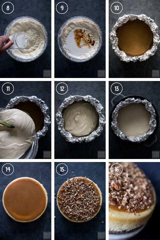 Step-by-step collage of how to make pecan pie cheesecake