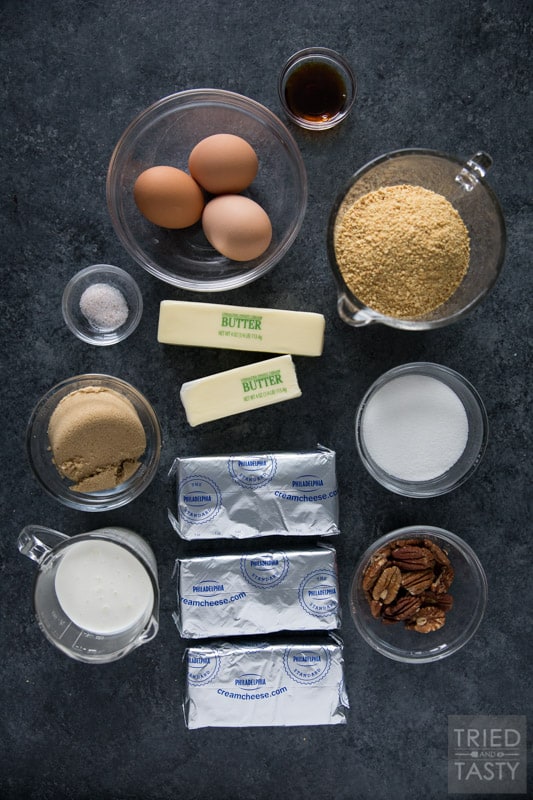 Ingredients for cheesecake: cream cheese, heavy cream, brown sugar, butter, graham cracker crumbs, eggs, etc. 