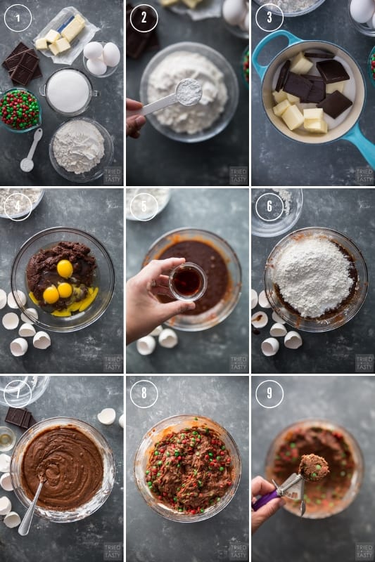 Step-by-step photos of how to make chocolate crackletop cookies