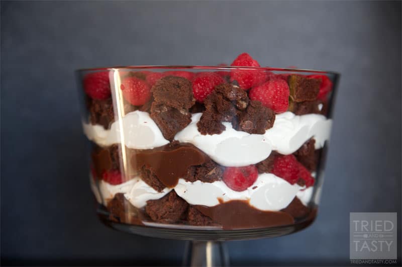 Raspberry Brownie Trifle Recipe // A beautiful layered dessert that's large enough to not only impress your guests but also feed a crowd. | Tried and Tasty