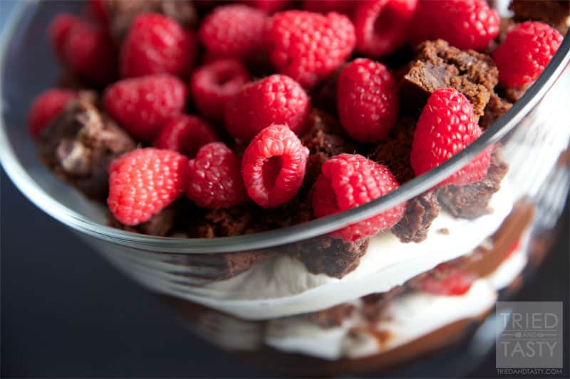Raspberry Brownie Trifle Recipe // A beautiful layered dessert that's large enough to not only impress your guests but also feed a crowd. | Tried and Tasty