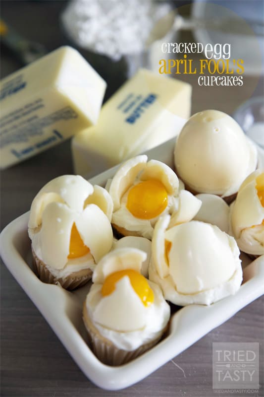 Cracked Egg April Fool's Cupcakes // Don’t you hate when you are baking and you open the carton of eggs and they are all cracked? I do too. April Fool’s! | Tried and Tasty