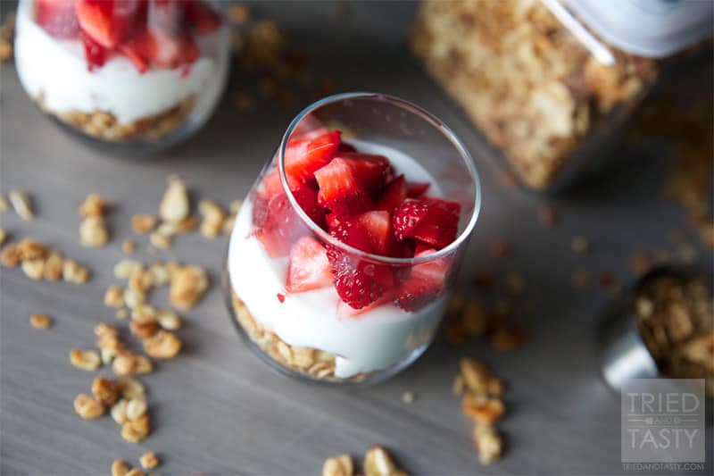 Fruit & Yogurt Breakfast Parfait with Honey Almond Granola // Granola paired with your favorite fruit and yogurt. What could be better? | Tried and Tasty