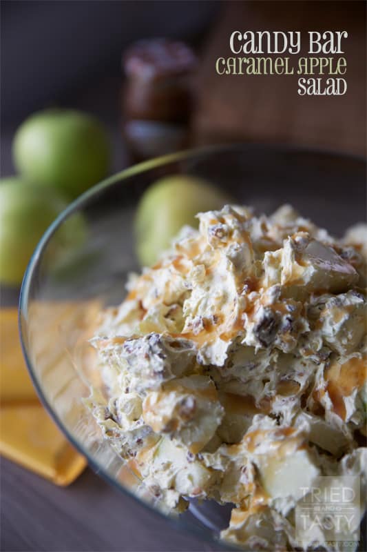 Candy Bar Caramel Apple Salad // Who would have ever thought to pair candy bars and apples with cool whip and pudding? Trust me - it's sensational! | Tried and Tasty