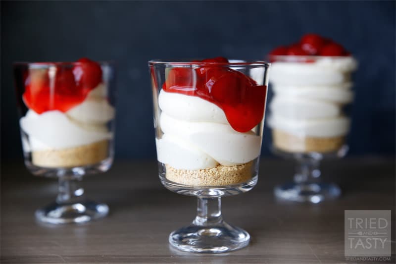 Cheesecake Parfaits // Not only are these Cheesecake Parfaits adorable, they are perfectly portioned. Just keep them in the fridge until you're ready to serve! | Tried and Tasty