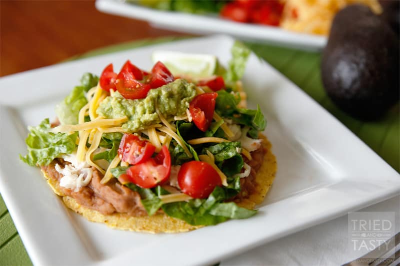Dinner Ideas: Quick & Easy Chicken Tostadas // This not only needs to be added to your list of dinner ideas – but go ahead and add it to your lunch ideas too! | Tried and Tasty