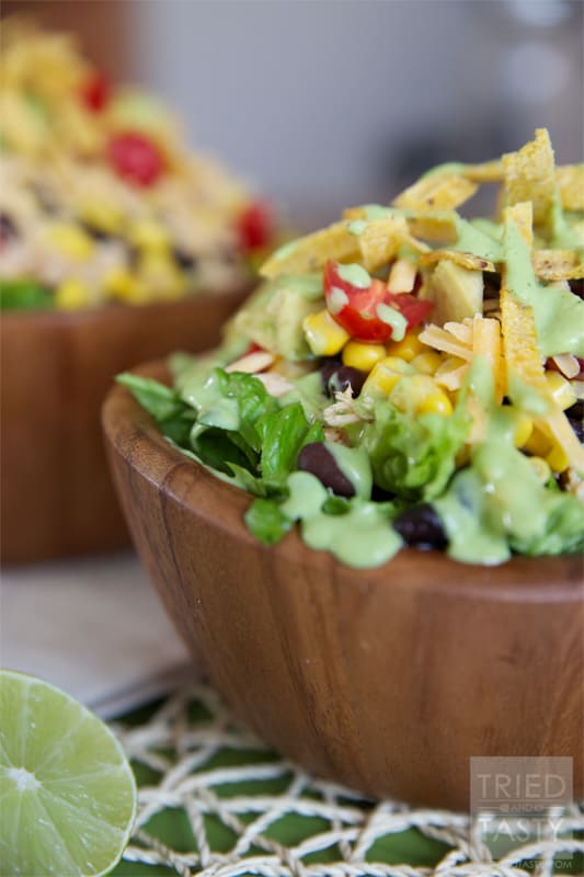 Healthy Taco Salad with Creamy Avocado Cilantro Dressing // The creamy avocado cilantro dressing pairs nicely with the taco salad (almost but not quite resembling a popular restaurant dressing). It’s perfectly healthy yet delicious! | Tried and Tasty
