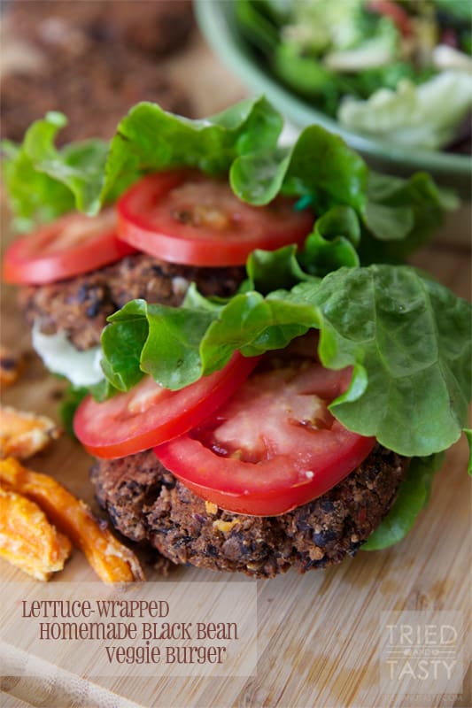 Lettuce-Wrapped Homemade Black Bean Veggie Burger // If you're looking for an alternative to the traditional grilled hamburger, why not give this Black Bean Veggie Burger a try? It's delicious, it's healthy, and it's easy to pull together. Make room on your grilling menu this season for this fantastic burger! | Tried and Tasty