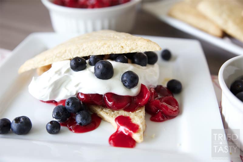 Red, White & Blue Cherry Blueberry Shortcakes // A heavenly patriotic dessert that's light and wonderful! Perfect for your Memorial Day or 4th of July get together. | Tried and Tasty