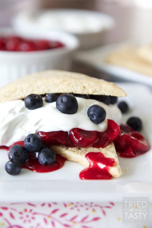 Red, White & Blue Cherry Blueberry Shortcakes // A heavenly patriotic dessert that's light and wonderful! Perfect for your Memorial Day or 4th of July get together. | Tried and Tasty