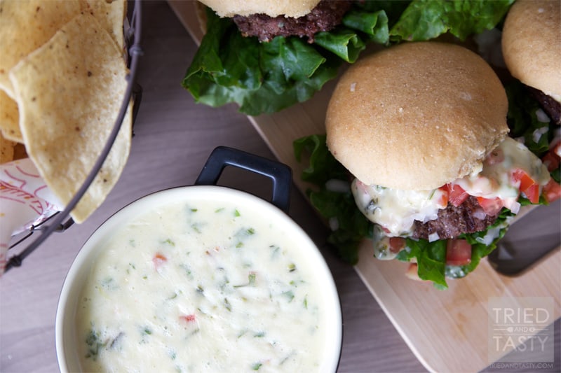 Queso Blanco Cinco De Mayo Burger // What better way to celebrate National Hamburger Month AND Cinco De Mayo than with this Queso Blanco Burger? It's everything you want in a Mexican style burger. You won't be disappointed! | Tried and Tasty