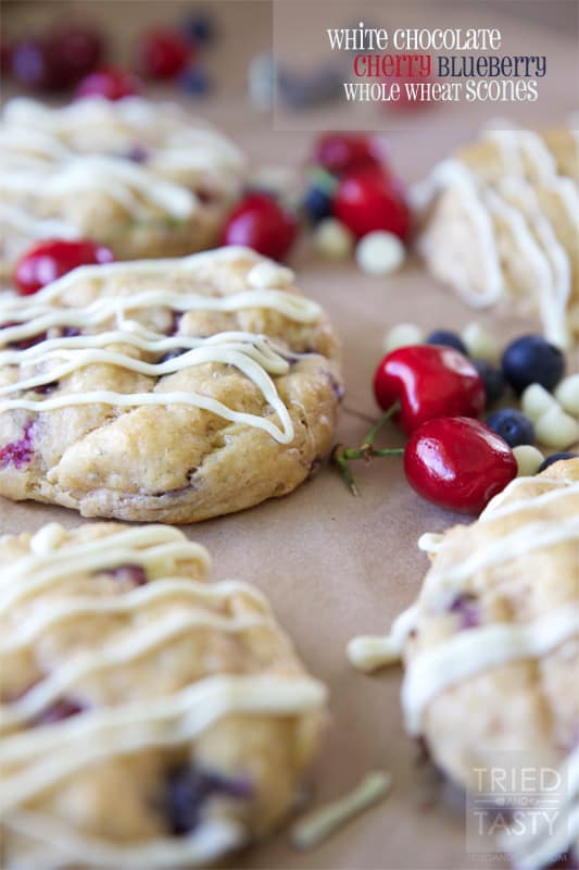 White Chocolate Cherry Blueberry Whole Wheat Scones // A fun patriotic way to start your morning! Perfect for Memorial Day, the 4th of July, or any other day you're feeling proud to be an American. | Tried and Tasty
