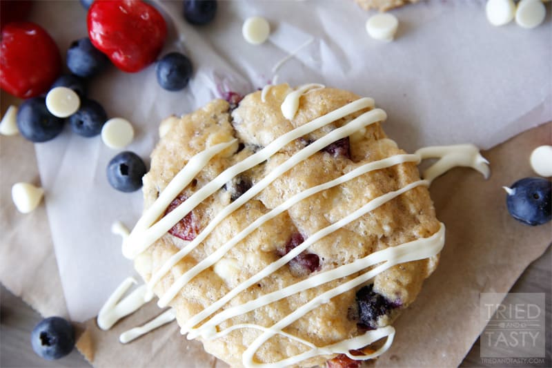 White Chocolate Cherry Blueberry Whole Wheat Scones // A fun patriotic way to start your morning! Perfect for Memorial Day, the 4th of July, or any other day you're feeling proud to be an American. | Tried and Tasty