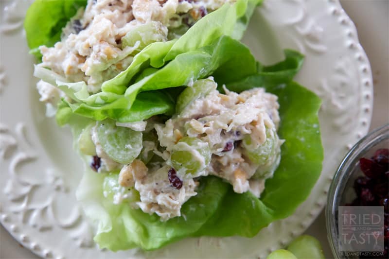 Healthy Cashew Chicken Salad // A healthy twist on the traditional chicken salad. Ditch the bread, throw it in a lettuce wrap and you've got a tasty low-carb low-calorie meal! | Tried and Tasty
