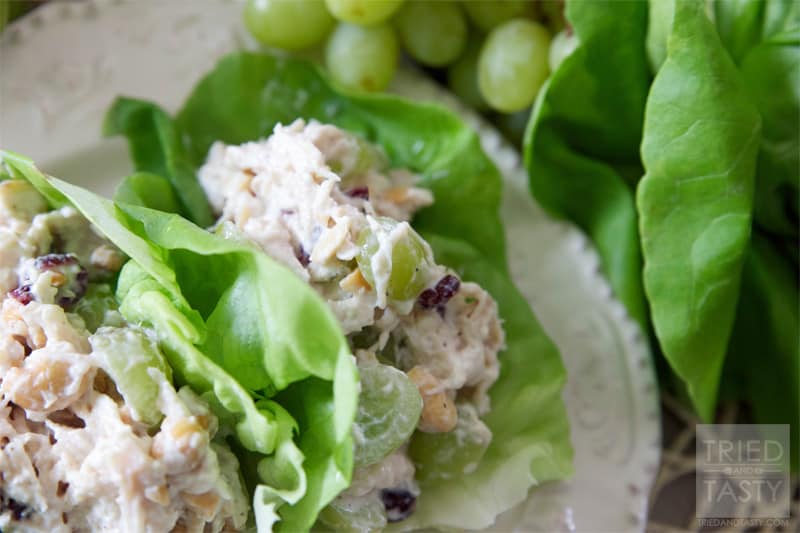 Healthy Cashew Chicken Salad // A healthy twist on the traditional chicken salad. Ditch the bread, throw it in a lettuce wrap and you've got a tasty low-carb low-calorie meal! | Tried and Tasty