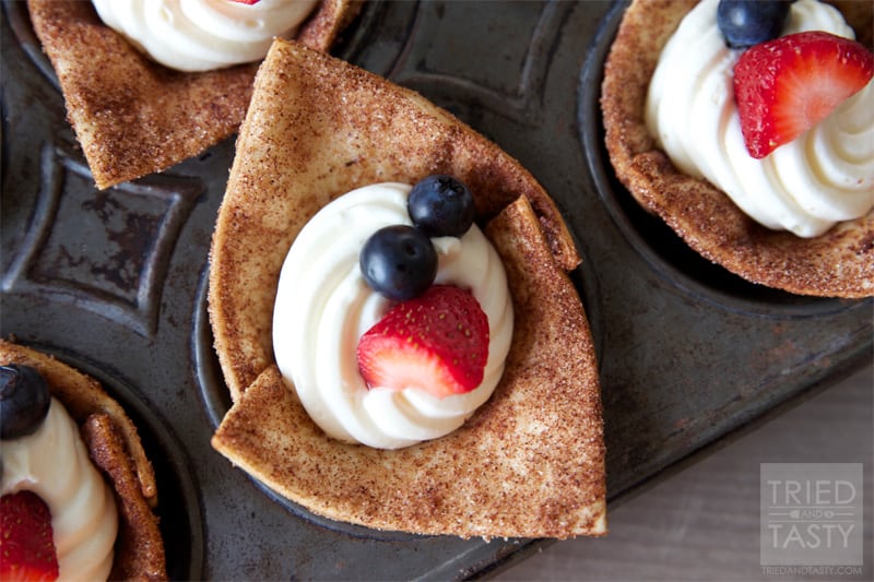 Red White Blue Tortilla Cups // A delicious and perfectly portioned holiday treat! Wonderfully patriotic with a light creamy filling finished off with the right touch of fruit! | Tried and Tasty