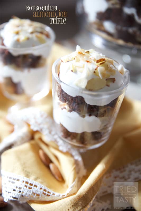 Not-So-Guilty Almond Joy Trifle // The trifle dessert is my favorite dessert to take to feed a crowd. And this is a great healthier way to enjoy it! | Tried and Tasty