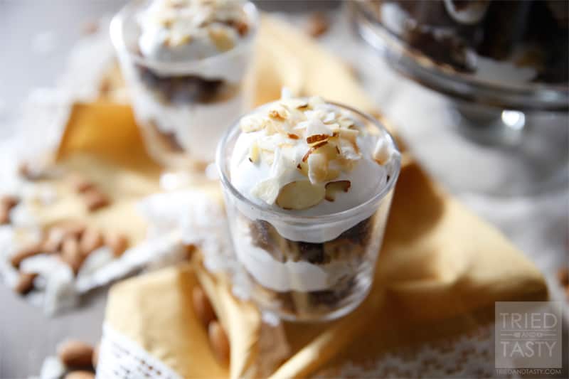 Not-So-Guilty Almond Joy Trifle // The trifle dessert is my favorite dessert to take to feed a crowd. And this is a great healthier way to enjoy it! | Tried and Tasty