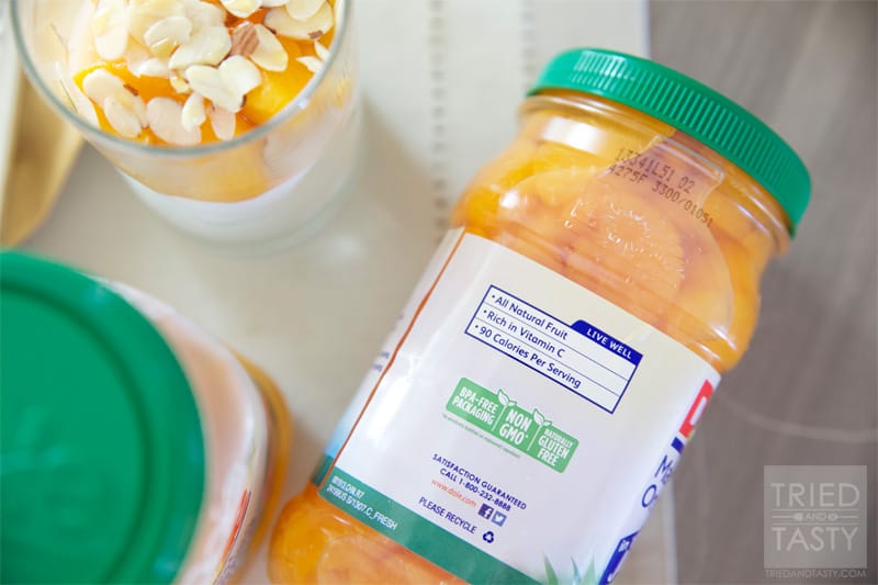 Dole Fruit In Jars Peach Slices & Greek Yogurt Pairing // The perfect way to enjoy DOLE Fruit In Jars paired with Greek yogurt! A healthy snack or delicious compliment to your morning breakfast. Any way you slice it, these peach slices are delicious! | Tried and Tasty
