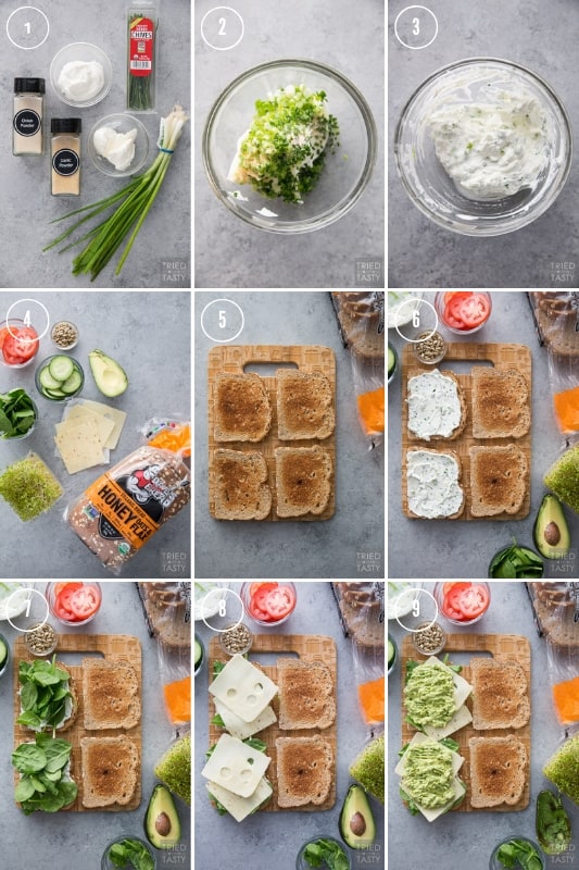 A collage of step by step photos of how to make The Ultimate Veggie Sandwich