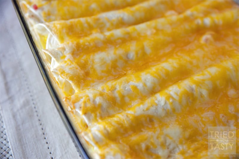 Six Sister's Stuff Brunch Enchiladas // Who says enchiladas are only for dinner? These Brunch Enchiladas are the perfect dish to feed a crowd for a weekend breakfast, Saturday brunch with your favorite people or after church Sunday afternoon! | Tried and Tasty