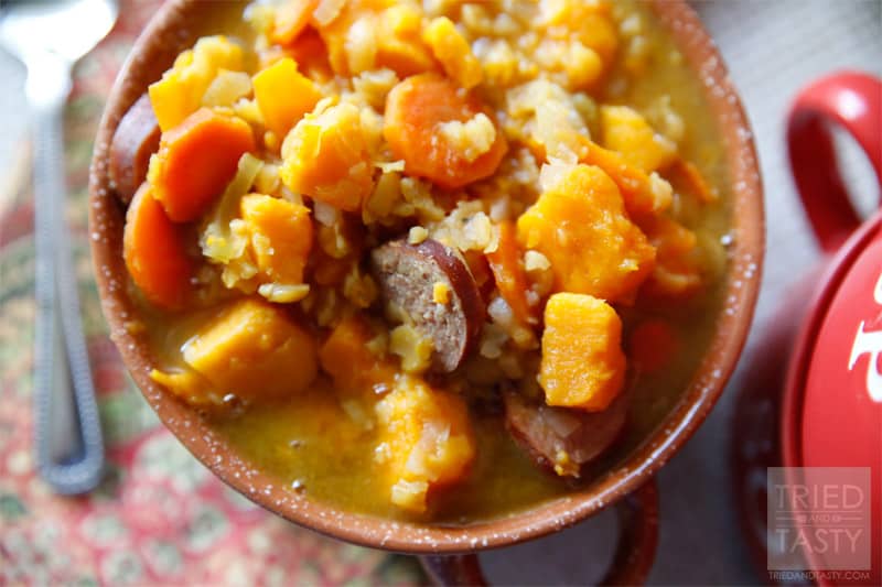 Hearty Split Pea Sausage & Sweet Potato Soup // Take a look at the ingredient list in this – nutritional powerhouse! The split peas, the sweet potatoes, all the yummy vegetables… it’s fantastic! With the addition of sausage it makes this a hearty and filling soup. | Tried and Tasty