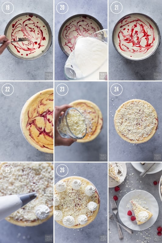 Step-by-step photo collage of how to make Cheesecake Factory White Chocolate Raspberry Truffle Cheesecake