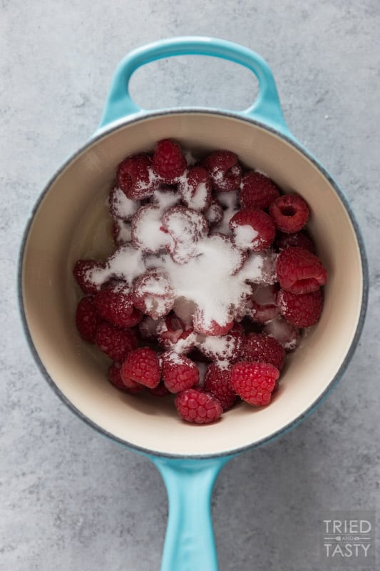 Pan of raspberries, sugar & lemon juice