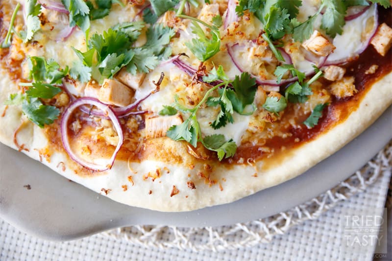 Copycat CPK BBQ Chicken Pizza // Enjoy this popular copycat recipe made right at home! Comes together easily, and so delicious the whole family will enjoy it! | Tried and Tasty