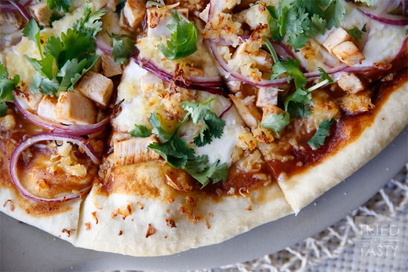 Copycat CPK BBQ Chicken Pizza // Enjoy this popular copycat recipe made right at home! Comes together easily, and so delicious the whole family will enjoy it! | Tried and Tasty