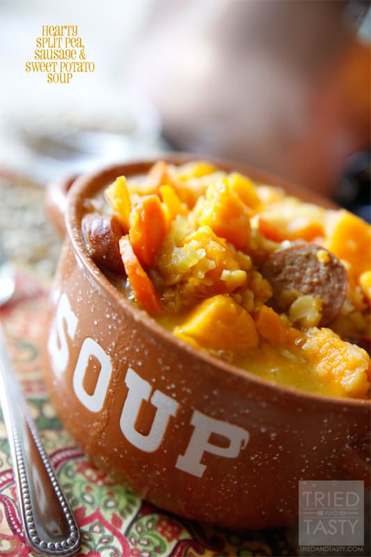 Hearty Split Pea, Sausage & Sweet Potato Soup // Take a look at the ingredient list in this – nutritional powerhouse! The split peas, the sweet potatoes, all the yummy vegetables… it’s fantastic! With the addition of sausage it makes this a hearty and filling soup. | Tried and Tasty