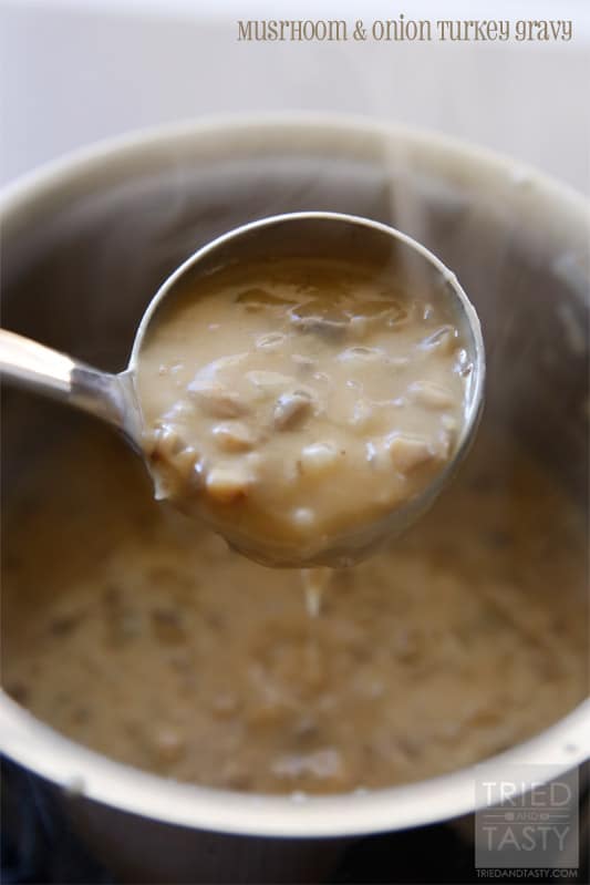 Mushroom Onion Turkey Gravy // This gravy would be delicious on your holiday turkey, stuffing, and mashed potatoes. Comes together quickly with little hassle. A perfect addition to the meal! | Tried and Tasty