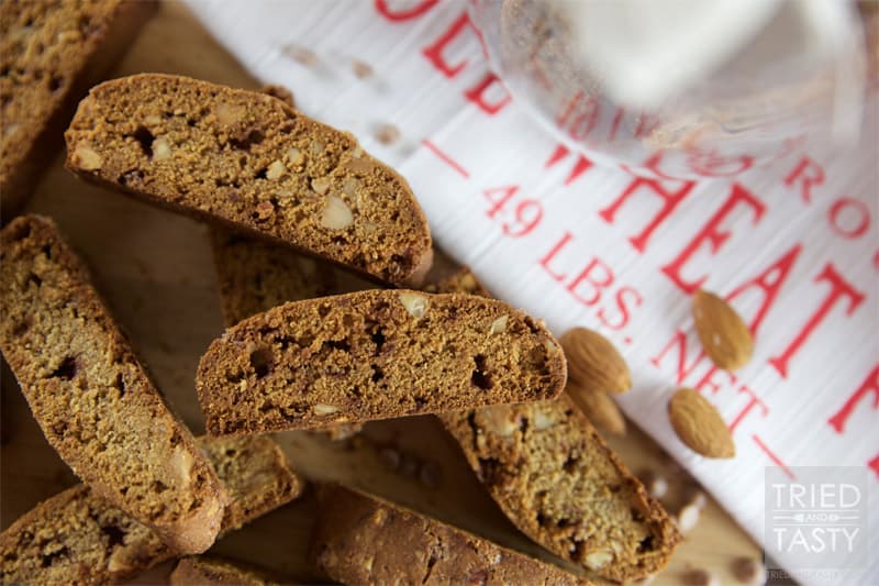 Whole Wheat Cinnamon Chip Almond Biscotti // A great cookie delicious served with your favorite warm drink. Perfectly paired with coffee or hot chocolate, but excellent alone as well! | Tried and Tasty