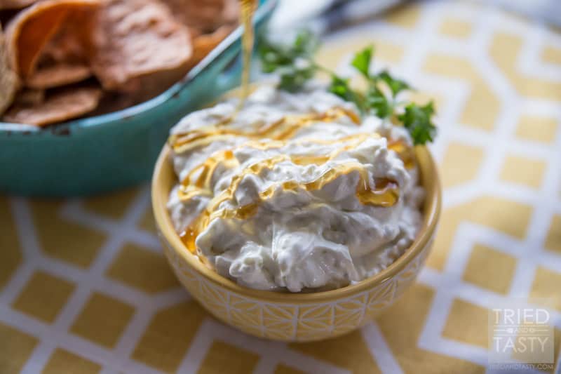 Honeyed Bleu Cheese and Thyme Dip // Paired with Food Should Taste Good Sweet Potato Chips, this dip adds the perfect sweet & salty element! Great for any party or gathering, sure to impress all of your guests! // Tried and Tasty